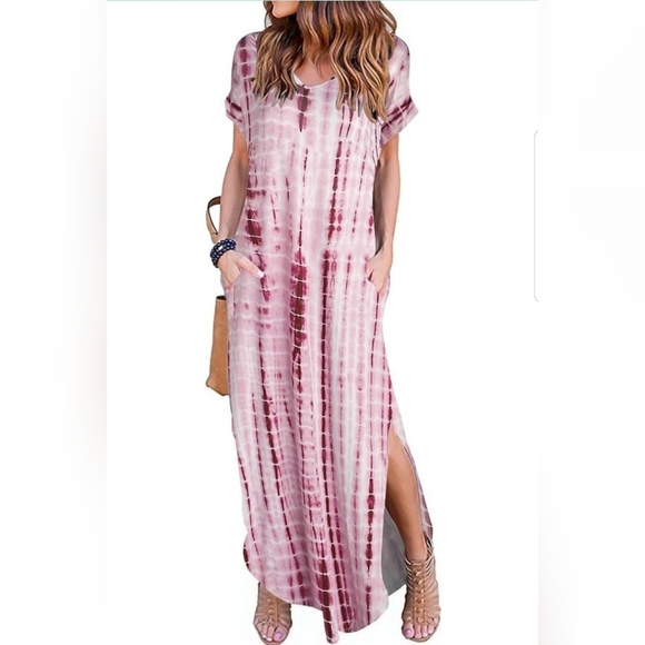 Dresses & Skirts - 💚Summer Maxi Dress Short Sleeve V Neck Casual Loose Long Beach Split Dresses wi